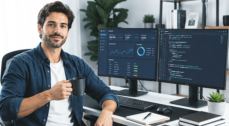 Mobile app developer working at a desk